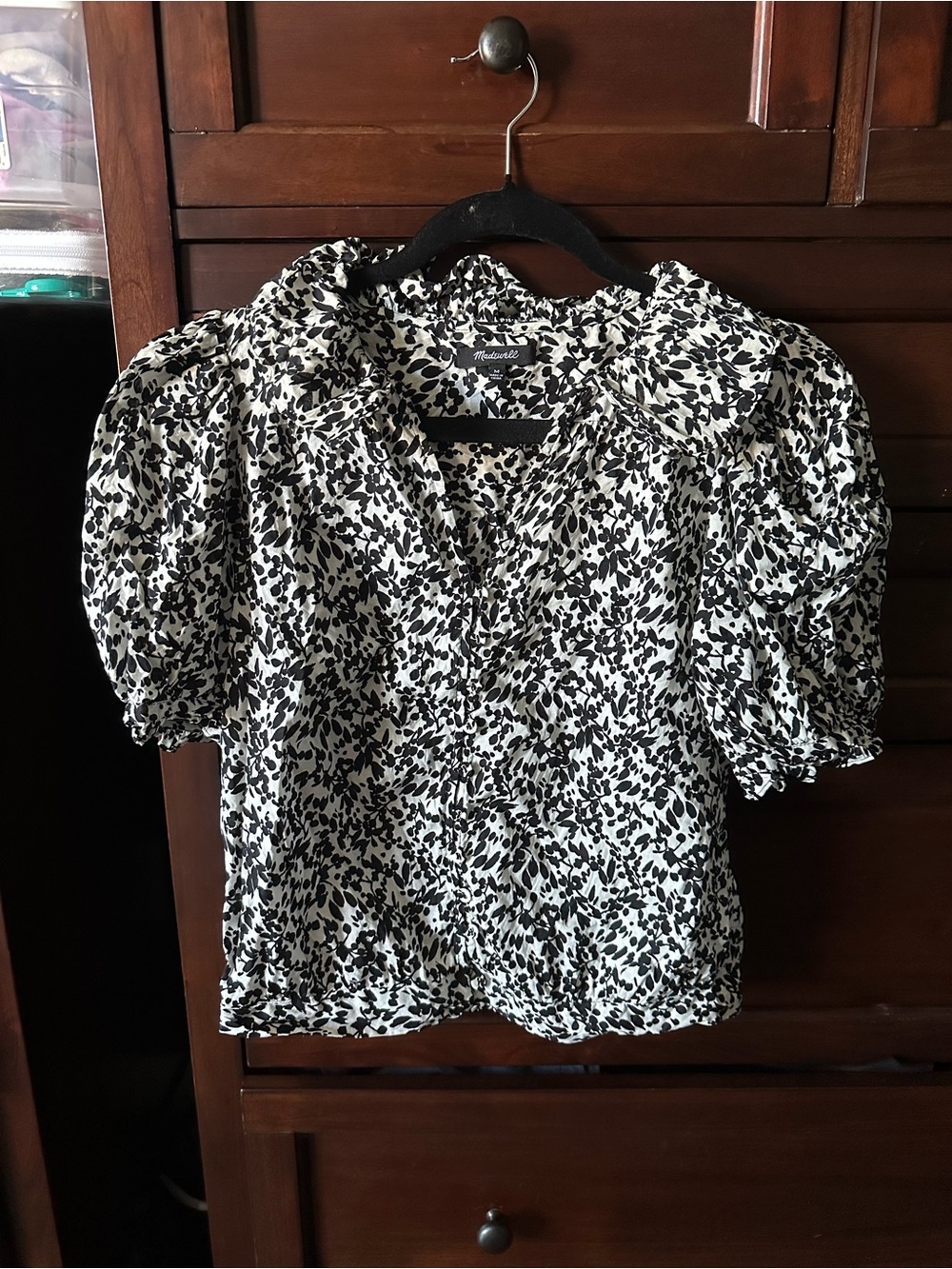 Madewell Black & White Floral Puff-Sleeve Blouse